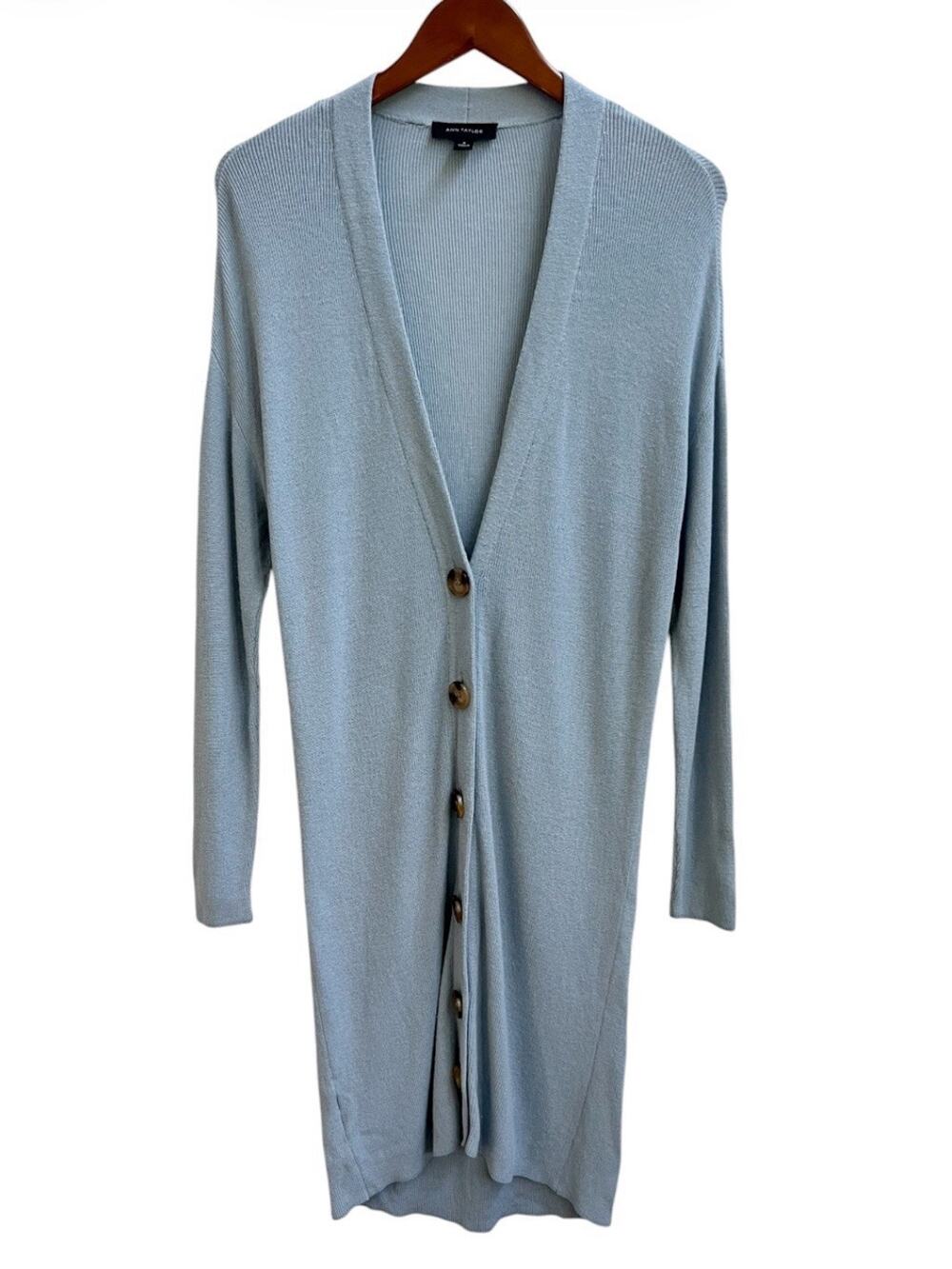 Ann Taylor Long Cardigan Duster Blue Sweater Button Down V Neck Sz M Coastal